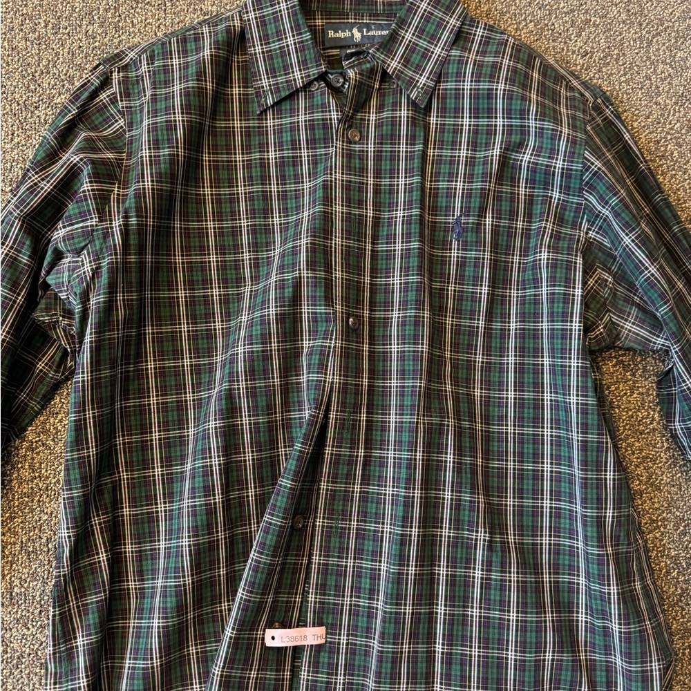 Ralph Lauren Men's Blue and Green Plaid Shirt